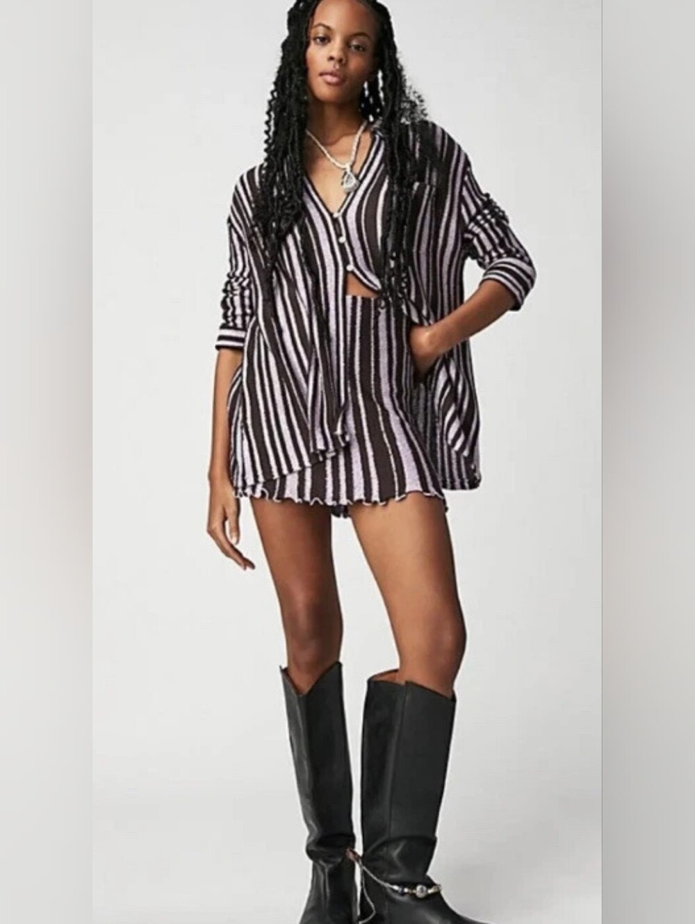 Free People Beach Bash Sweater Plum Chocolate Sequined Striped Size XL - Picture 3 of 15